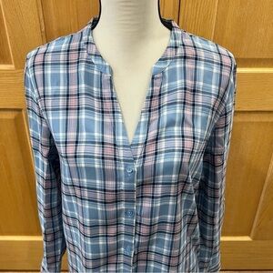 Women’s Dane Blue Plaid V-Neck Soft Joie Button Up Long Sleeve Blouse Size M